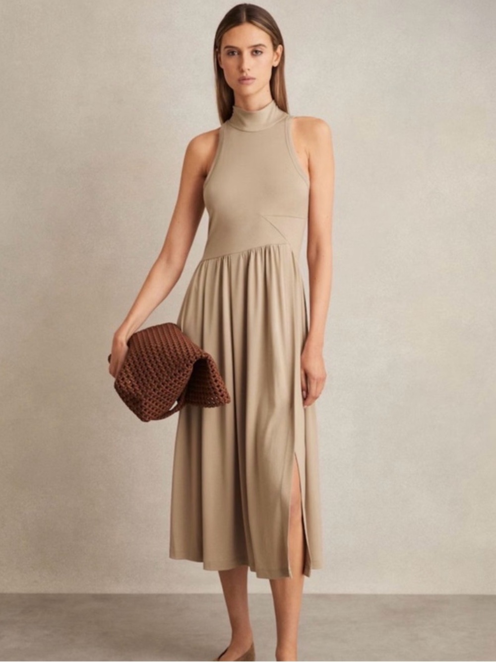 NWT Reiss (S) Women's Blake Sleeveless Jersey Midi Dress Natural Tan